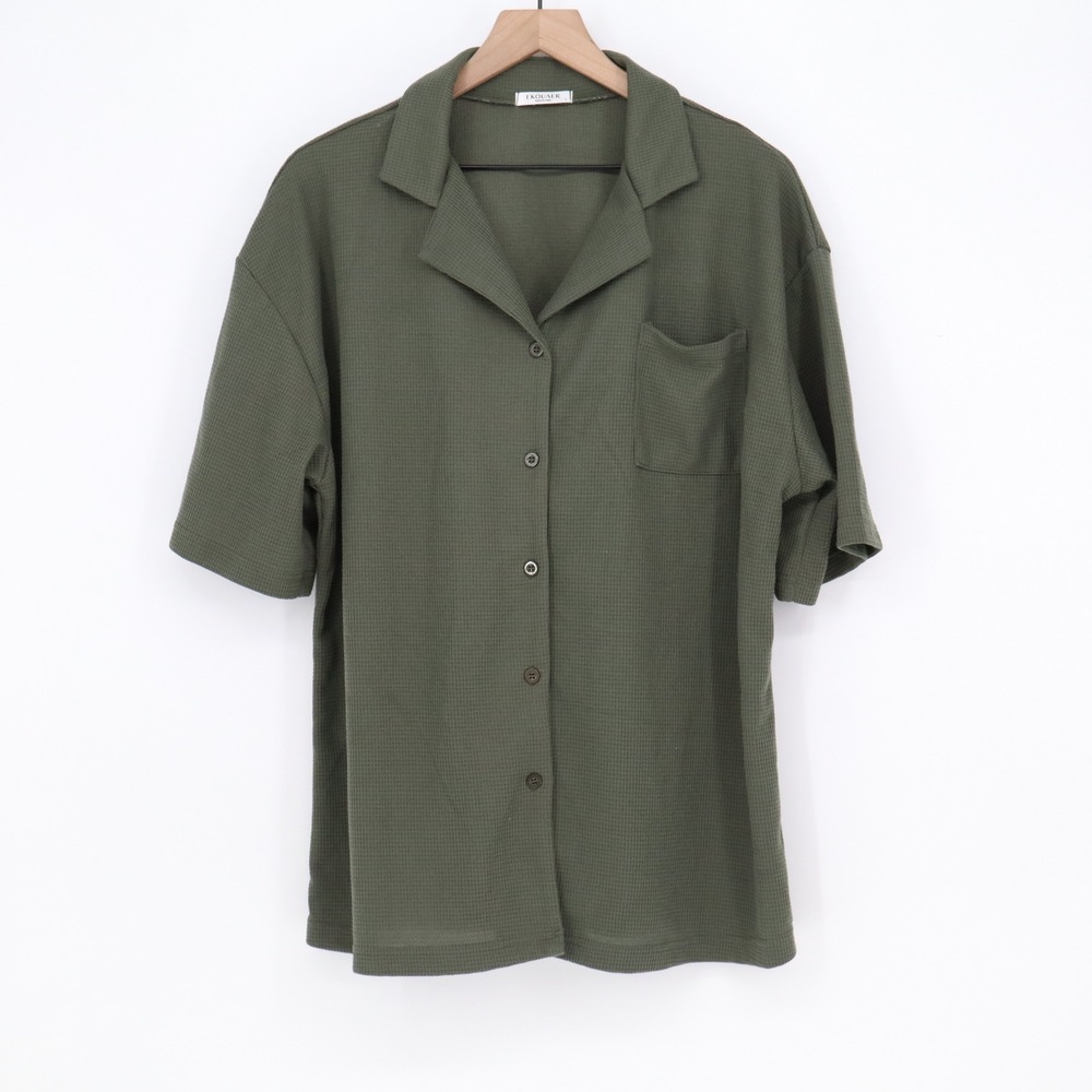 Ekouaer Shirt Mens L Short Sleeve Waffle Knit Olive Green Button Down Excellent